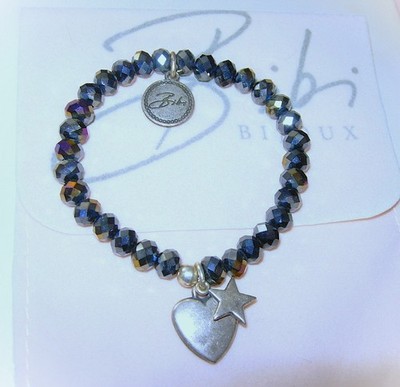 BIBI BIJOUX HEART + STAR CHARM BLACK FACETED CRYSTAL ELASTICATED BRACELET QVC