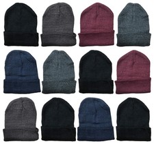 12 PK Winter Beanie Hats, Stretch Unisex Cuffed Plain Hat Assorted Pack A 