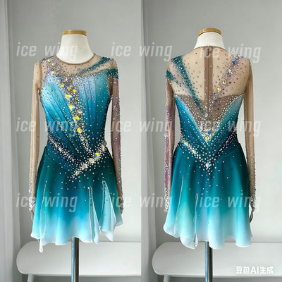 Ice Figure Skating Dress Elasticity Competition Skating Jeweled blue dyeing