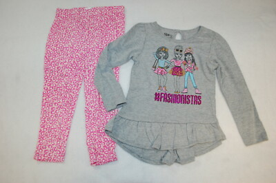 Toddler Girls GRAY L/S SHIRT Ruffled #FASHIONISTAS Pink Leopard Leggings 4T