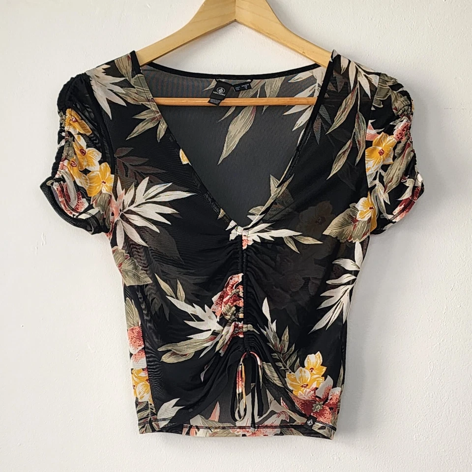 Volcom XS Tropical Floral Black Mesh Ruched V-Neck Crop Top Summer Boho Beachy - Image 2 of 4