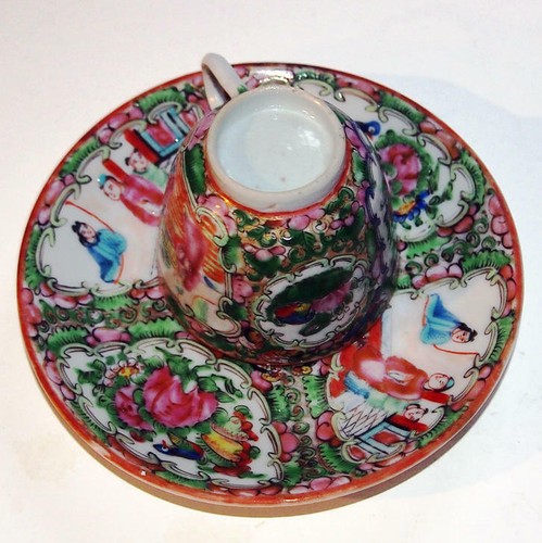 Antico piattino tazza medaglione rosa famiglia cinese porcellana - Foto 5 di 5