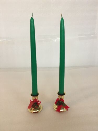 Christmas green candles & gold color holders, w/red bows, green leaves & pine - Picture 1 of 8