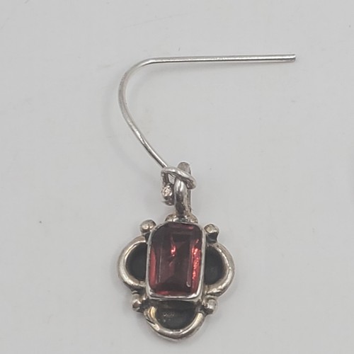 Solid Sterling Silver Genuine Garnet Dangle Earrings Mark 925 - Picture 3 of 7