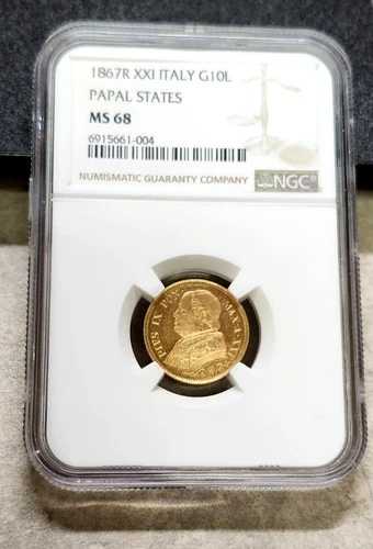 1867R XXI Italy Gold 10 Lire Papal States - MS68 - NGC - Finest Known