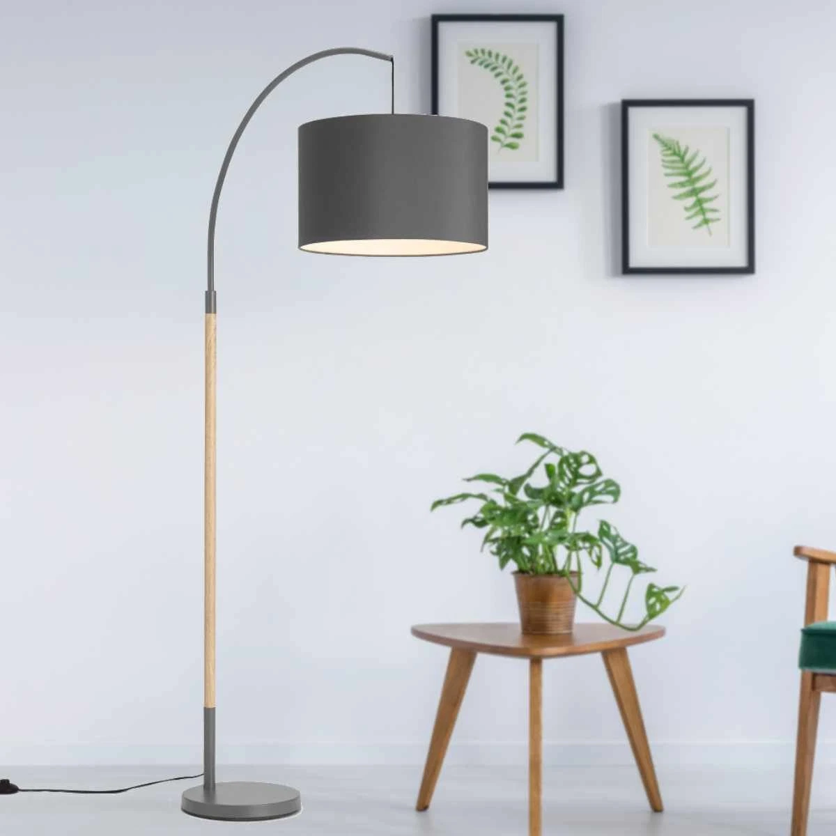 Modern Wood and Grey Detail Large Overreach Arch Floor Light Reading Lamp