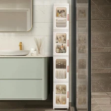 Tall Narrow Bathroom Storage Cabinet with Transparent Doors and Movable Wheels,