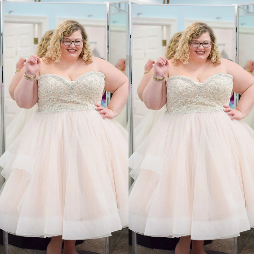 Plus Size Short Wedding Dresses Blus Pink Lace Tea Length Bridal Gowns  Strapless | eBay