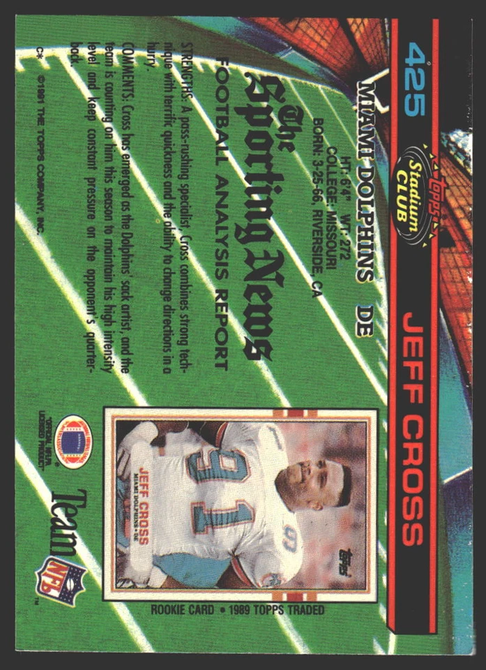 Jeff Cross #425 1991 Stadium Club Miami Dolphins - Image 2 of 2