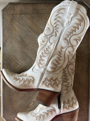 Durango Women s Leather Western Cowboy Boots 8.5 White/Beige Embroidered Zip