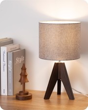 Boho Small Table Lamp, Walnut Color Wooden Tripod Bedside Lamp, Farmhouse