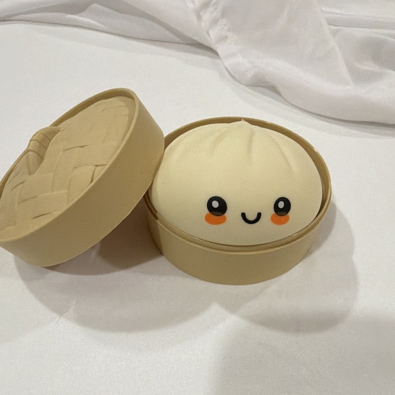 Beige Foam Dumpling Squeeze Ball Stress Reliever Toy w/ Storage Case 4in