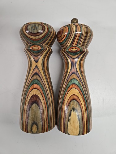 Vintage Mr Dudley Staved Wood Pepper Mill & Salt Shaker Unique Rainbow Color Set