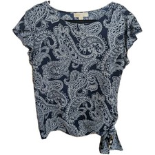 MICHAEL KORS Women’s Blue Paisley Print Side Tie Shirt Pleated Size US Medium