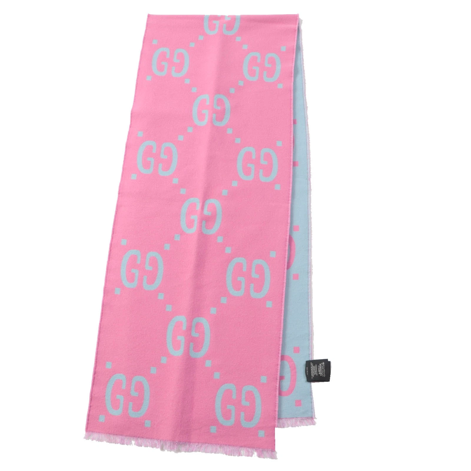 Foulard jacquard GUCCI 505 5 soie GG rose bleu clair 35 190 cm fabriqué en Italie