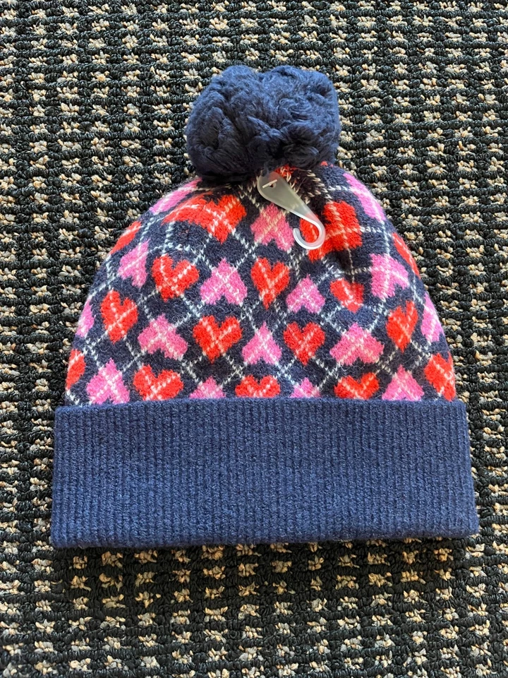J Crew Niñas Azul Marino Corazón Argyle Pom Gorro Sombrero Supersuave Talla L-XL NUEVO CON ETIQUETAS Foto 2 de 4
