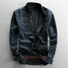 Cotton Linen Shirt Men Formal Retro Long Sleeve Mandarin Collar Frog Button Tops