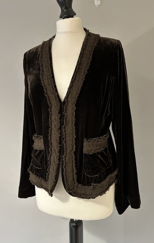 EAST Chocolate Brown Pure Silk Velvet Fray Trim Cardigan Blazer Riding Jacket 12 - Picture 2 of 18