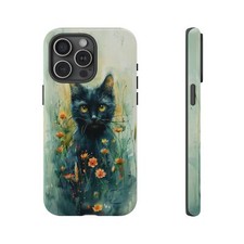 Phone Cover for Galaxy, Pixel, iPhone Case - Black Cat Among Flowers Green