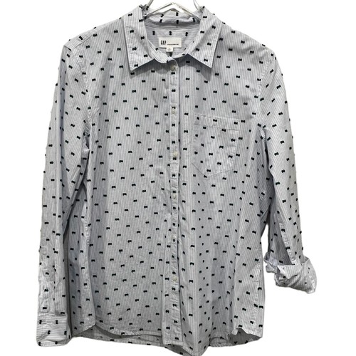GAP Women Fitted Boyfriend Shirt Button Down Size XL Blue Striped Green Clip Dot