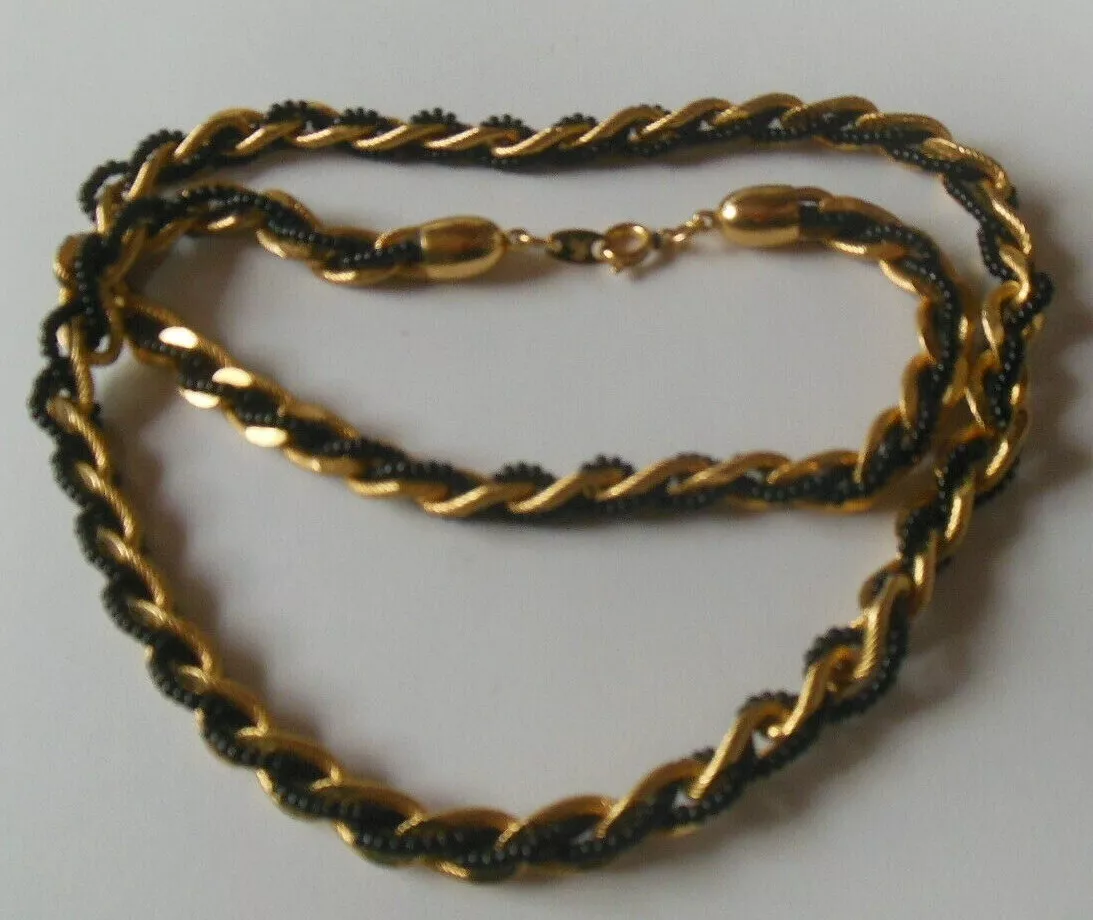 Vintage Trifari TM Gold tone Black Seed Bead Chain Necklace