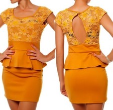 Sexy Miss Women's Peplum Mini Dress Lace Cut Out 34/36/38 Mustard
