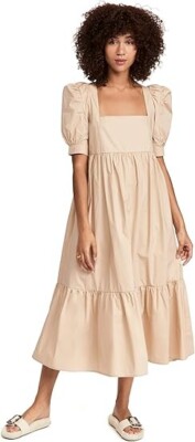 EN SAISON Square Neck Midi Dress Natural Beige SZ S