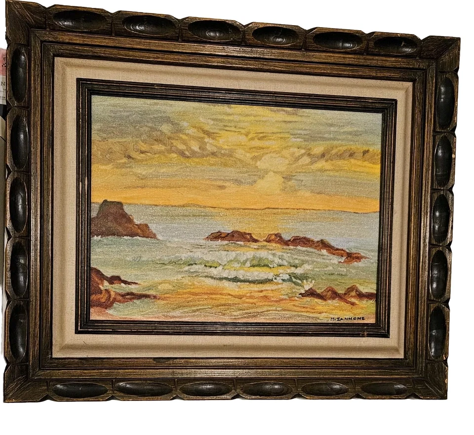 Pintura a óleo original vintage de paisagem marítima ao pôr do sol com ondas suaves ~ assinada. - Imagem 3 de 4