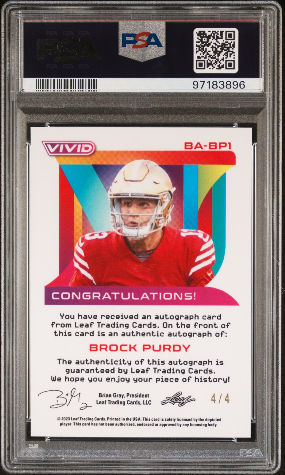 2023 Leaf Vivid #BA-BP1 Brock Purdy Autographs Crystal Green (PSA 8) #/4 view 2