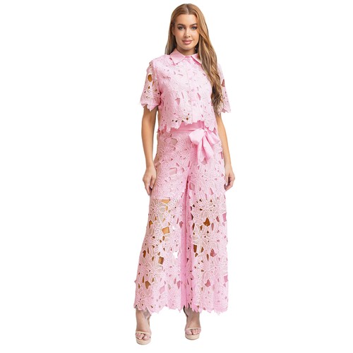 Women Floral Hollow Out Top Short Sleeve Wide Leg Pants Coordinated Chic Lapel - Picture 24 of 55
