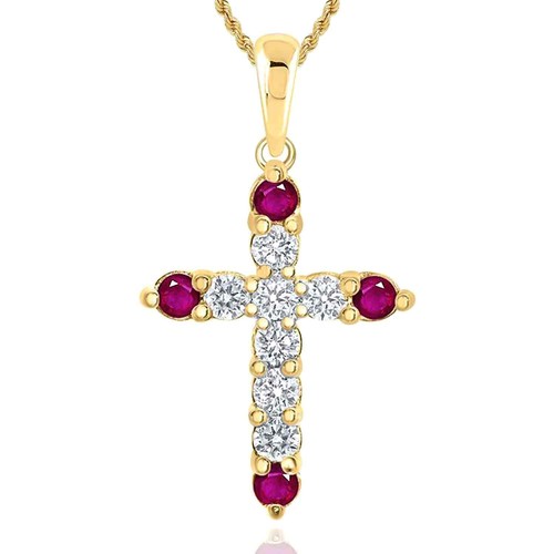 .24CTW Natural Diamond Ruby Accents 10K Gold Yellow White Rose Cross Pendant .9" - Picture 3 of 13