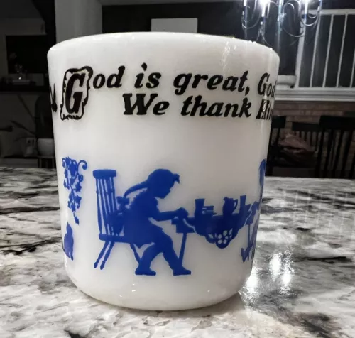 Hazel Atlas God Is Great God Is Good Childs Prayer Mug White Blue Milk Glass Vtg