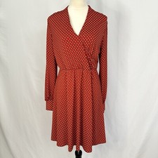 Adrianna Papell Long Sleeve Red Polka Dot V-Neck Midi Dress Medium Elastic Waist