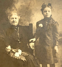 Antique Vintage Photo Cabinet Picture Portrait Elderly Lady Dress Girl Flowers