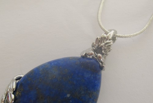 Natural Lapis Lazuli Crystal Flower Pendant Teardrop Necklace Silver Plated - Picture 4 of 7