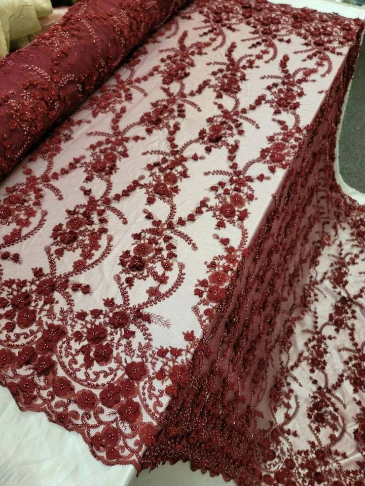 Tela por yarda borgoña cuentas encaje 3d gasa flores bordado  Foto 4 de 4