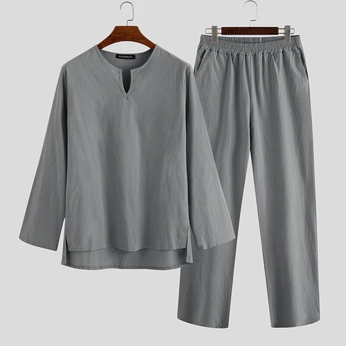 Mens Long Sleeve Cotton Linen Casual Loose Pajamas Suits Night Loungewear Set - Picture 25 of 27