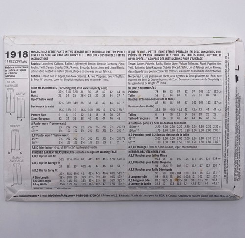 Simplicity Sewing Pattern 1918 Womens Pants Sizes 6 8 10 12 14 Uncut - Picture 2 of 4