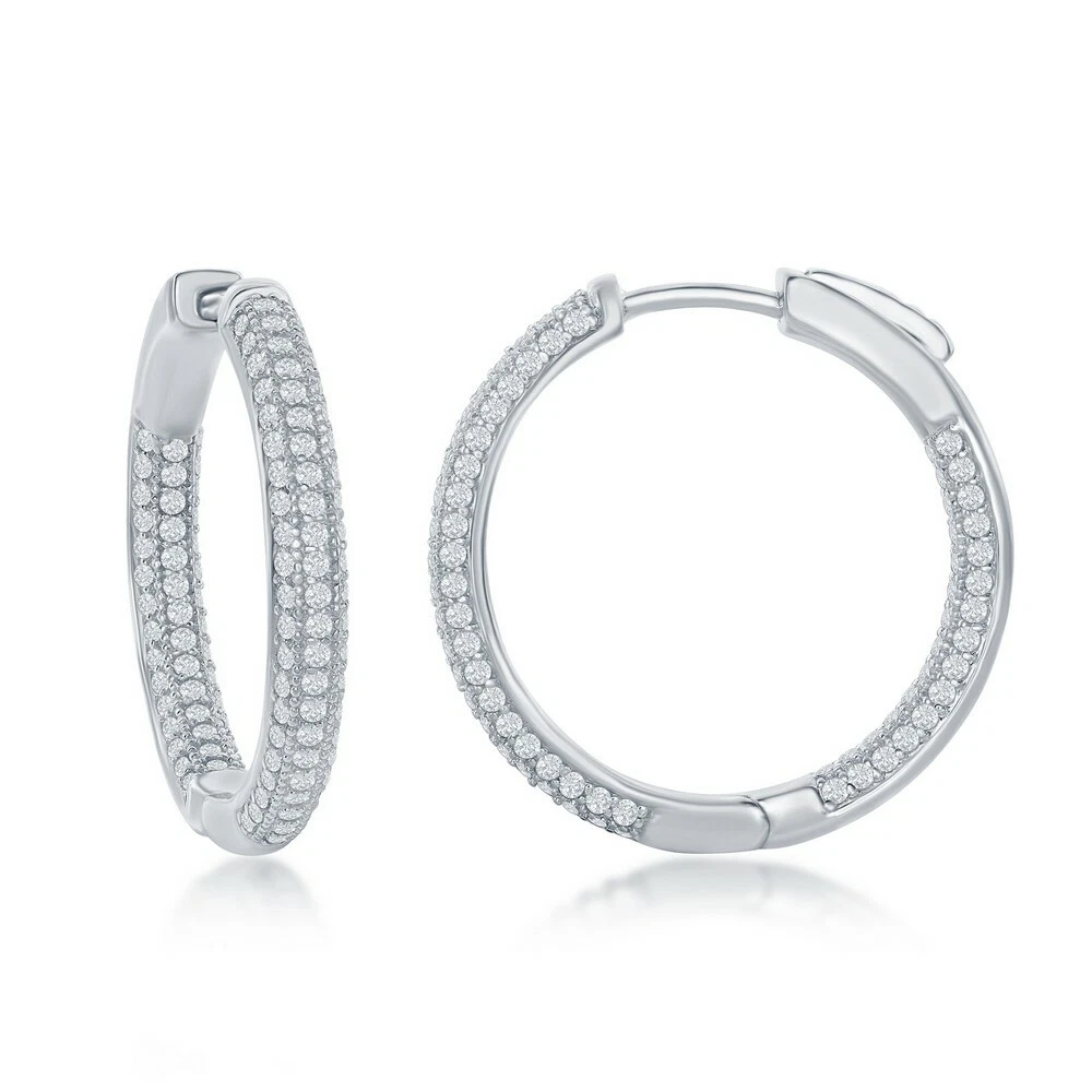 Sterling Silver Micro Pave CZ Hoop Earrings 3 x 25 mm