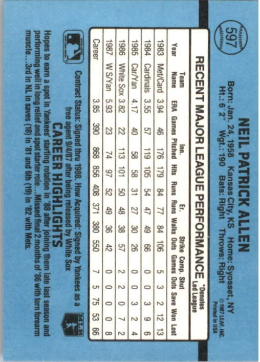 1988 Neil Allen Donruss Baseball Card #597 - Image 2 of 2