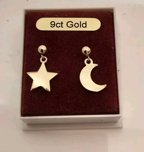 9 Karat Gelbgold 375, Stern und Halbmond Tropfen Ohrring, Schmetterling befestigt
