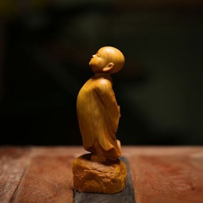 Taihang Cliff Cypress Wood Carving Zen Small Monk Buddha Statue Tea Pet Handmade
