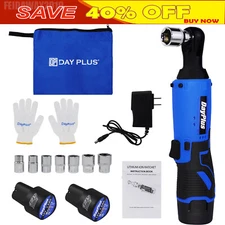 Electric Cordless 3/8'' 90° 40Nm Right Ratchet Angle Wrench Tool 2x Batteries
