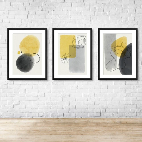Yellow Black Grey Shapes Abstract Wall Art Print Picture 1 Or Set Of 3