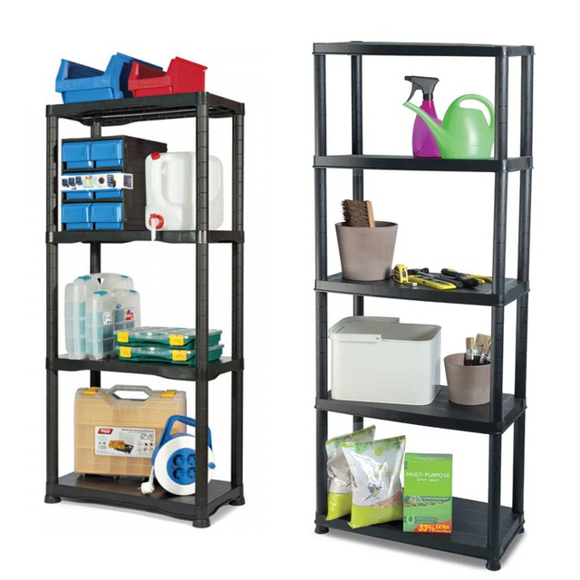5 / 4 Tier Plastic Shelf Shelving Shelves Rack Racking Home Storage Unit Black 5 / 4 Tier Plastic Shelf Shelving Shelves Rack Racking Home Storage Unit Black