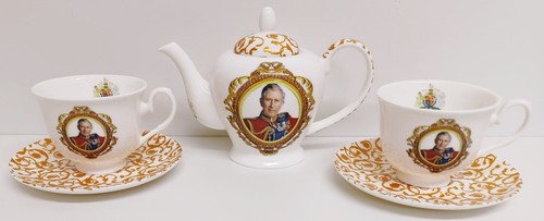 HM King Charles III Tea Set Coronation Fine China Small Teapot 2 Cups 2 Saucers - Picture 2 of 11