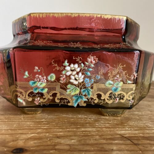 Antique Moser Rubina Verde Enameled Flowers Amberina Gilt Art Glass Footed Bowl - Picture 2 of 16