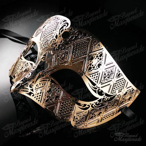 Mens Masquerade Mask Minimalist Filigree Light Metal Venetian Mardi Gras [Gold] - Image 3 of 4