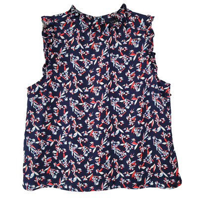 Laundry Top Blouse Women's L/XL Blue Red Floral  Crew Neck Ruffle Summer Casual