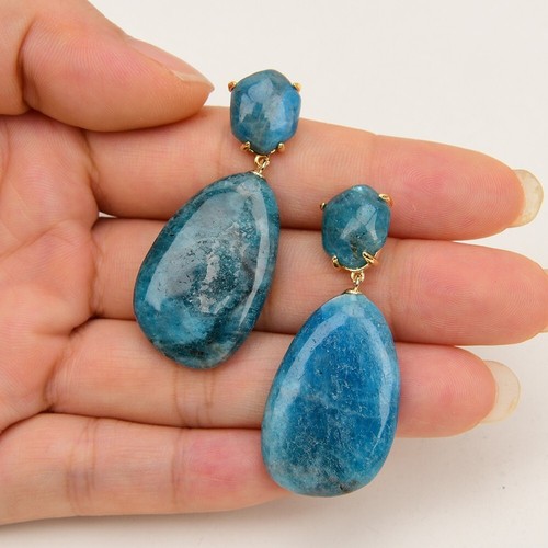 Natural Blue Apatite Teardrop Shape Real Gems Stone Dangle Stud Earrings - Picture 2 of 11